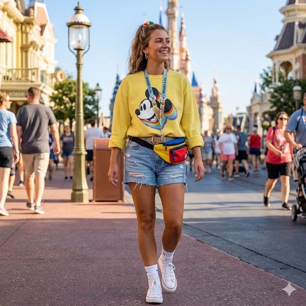 Disney Yellow Mickey Mouse Retro Rainbow Crewneck Sweatshirt Size L